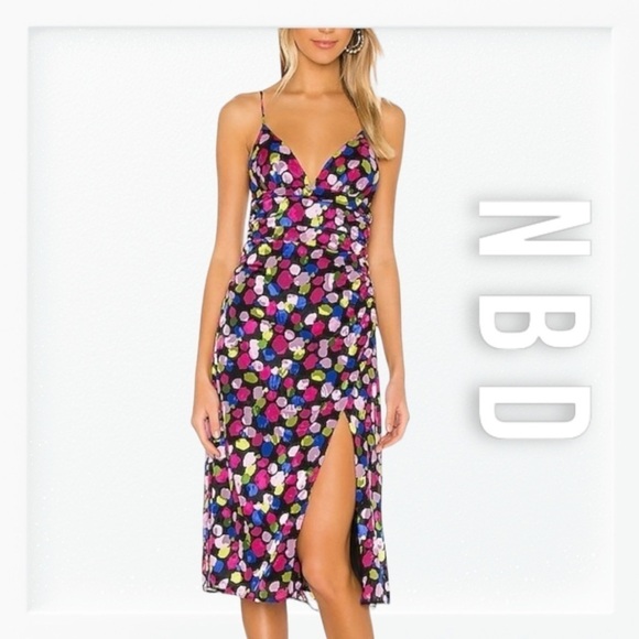NWT NBD Josefien Ruched Multi Color Dot Print Midi Dress sz M - Picture 1 of 14
